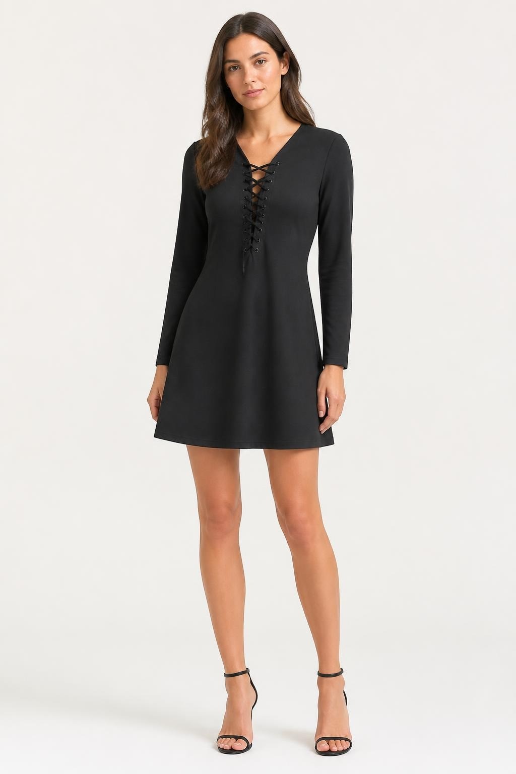 Black Lace-up V-neck Long Sleeve Mini Dress - pre-loved at Why Go Less, Lebanon