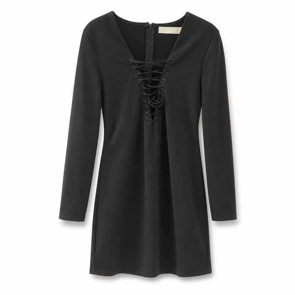 Black Lace-up V-neck Long Sleeve Mini Dress - pre-loved at Why Go Less, Lebanon