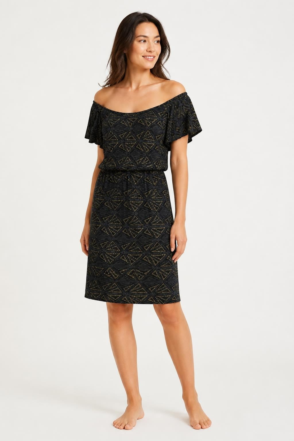 GIBIU Black Gold Geometric Print Mini Dress - pre-loved at Why Go Less, Lebanon