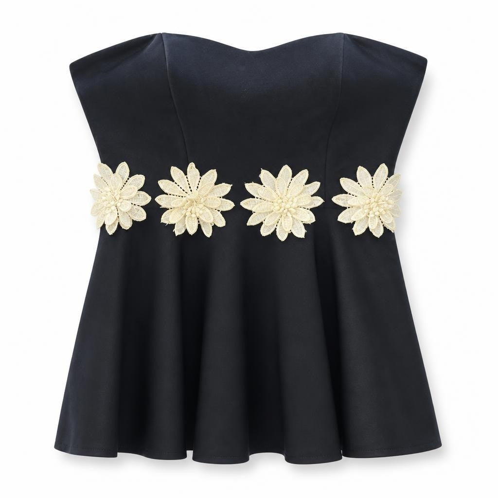 Black Flared Top Gold Floral Lace Appliqué - pre-loved at Why Go Less, Lebanon