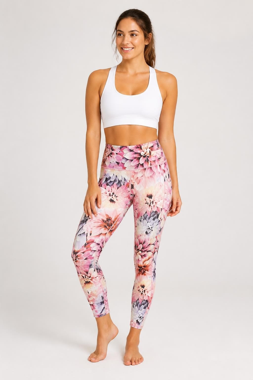 Pink Floral Print High-waist Leggings Athletic - pre-loved at Why Go Less, Lebanon
