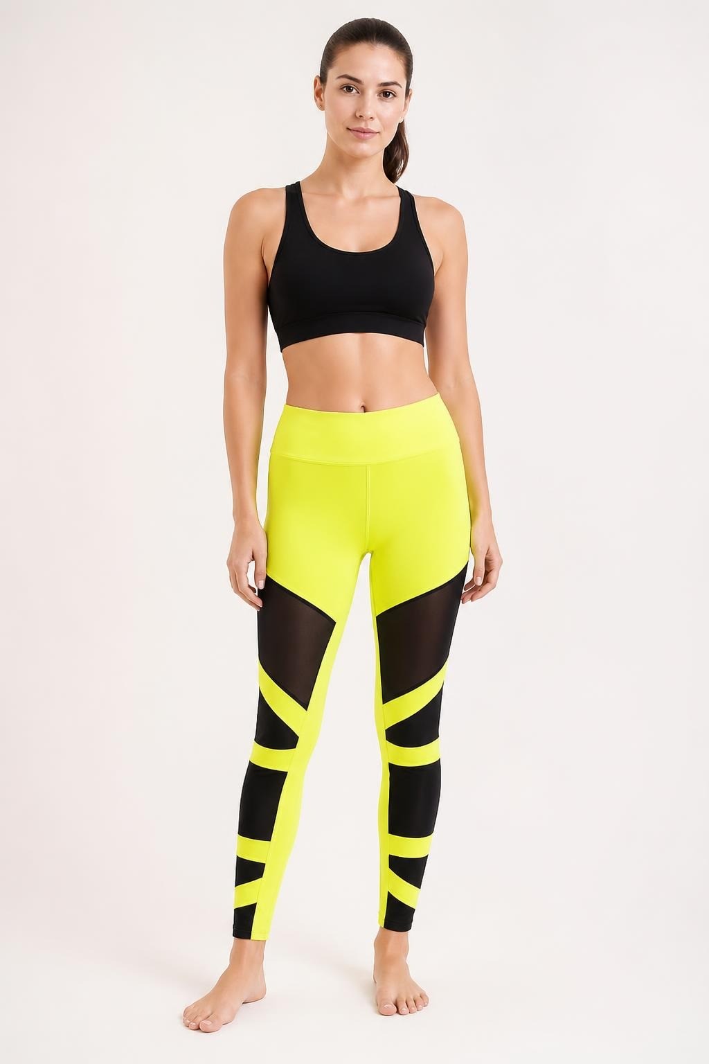 Neon Yellow Black Mesh Panel Leggings - pre-loved at Why Go Less, Lebanon