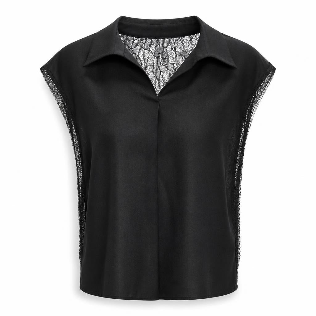 Black Lace Insert V-neck Long Sleeve Top - pre-loved at Why Go Less, Lebanon