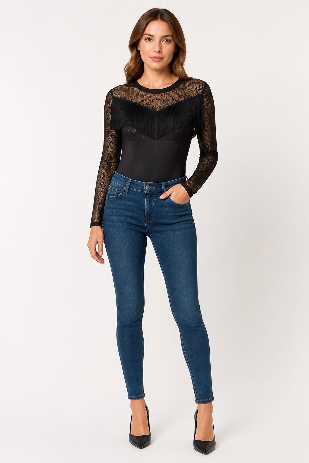 Black Lace Fringe Long Sleeve Crop Top - pre-loved at Why Go Less, Lebanon