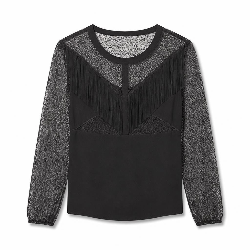 Black Lace Fringe Long Sleeve Crop Top - pre-loved at Why Go Less, Lebanon