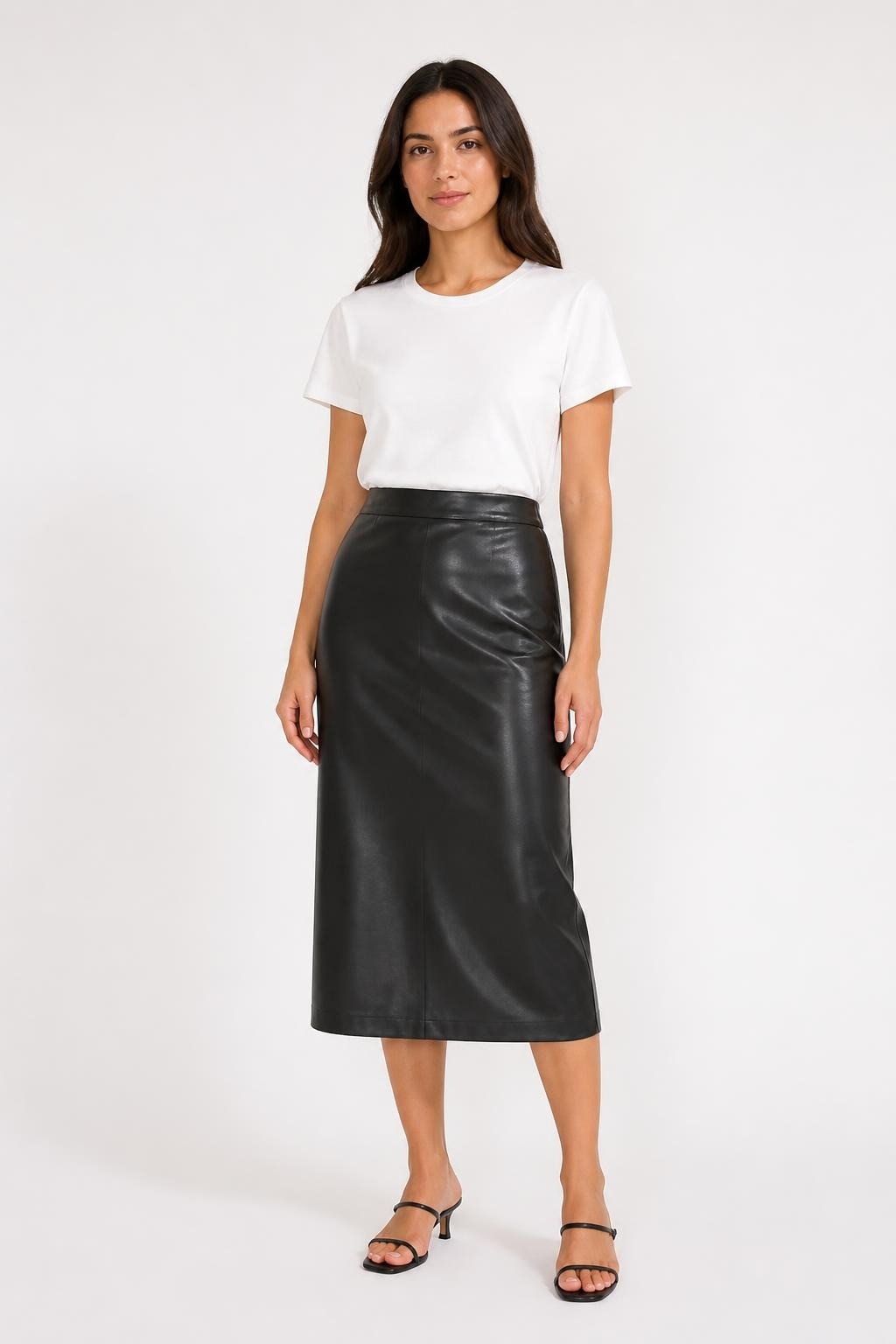 Black Faux Leather Midi Skirt - pre-loved at Why Go Less, Lebanon