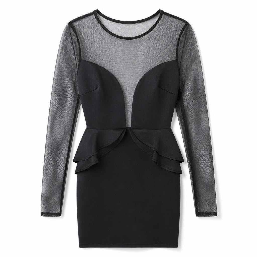 Black Mesh Sleeve Peplum Mini Dress - pre-loved at Why Go Less, Lebanon