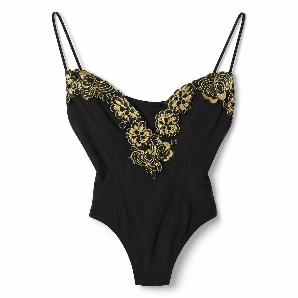 Black Gold Embroidered Floral Bodysuit - pre-loved at Why Go Less, Lebanon