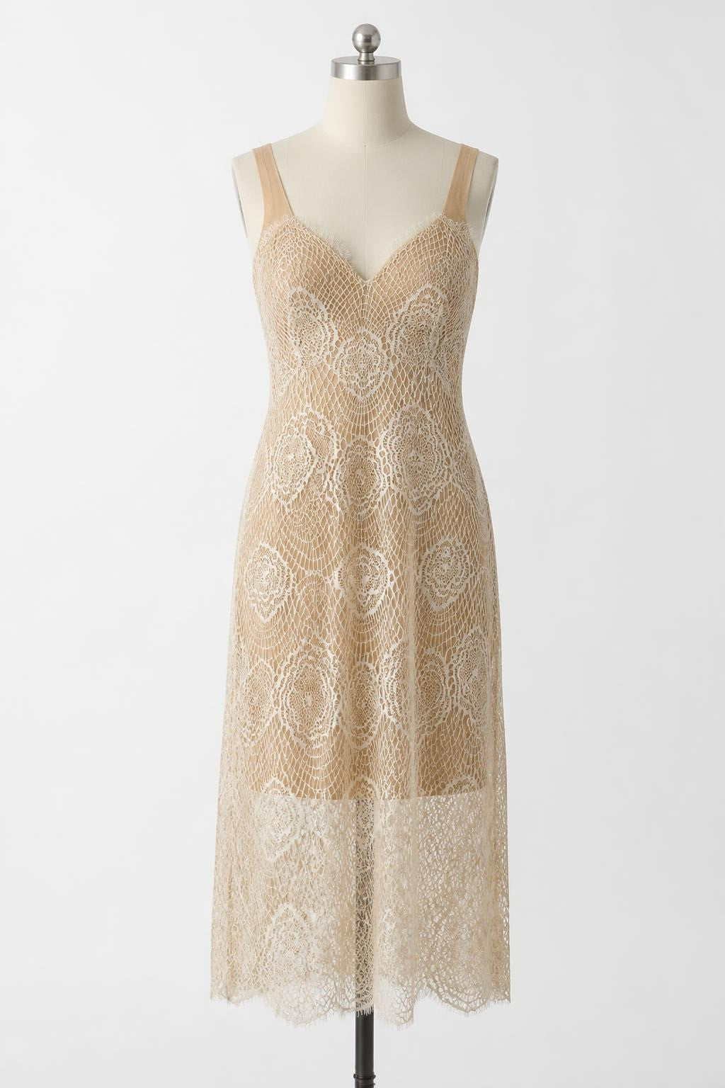 Beige Lace Overlay Slip Dress, V-neck - pre-loved at Why Go Less, Lebanon