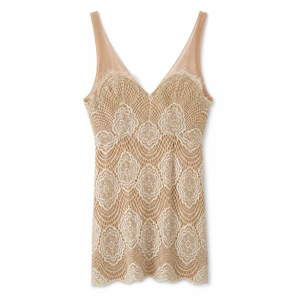 Beige Lace Overlay Slip Dress, V-neck - pre-loved at Why Go Less, Lebanon