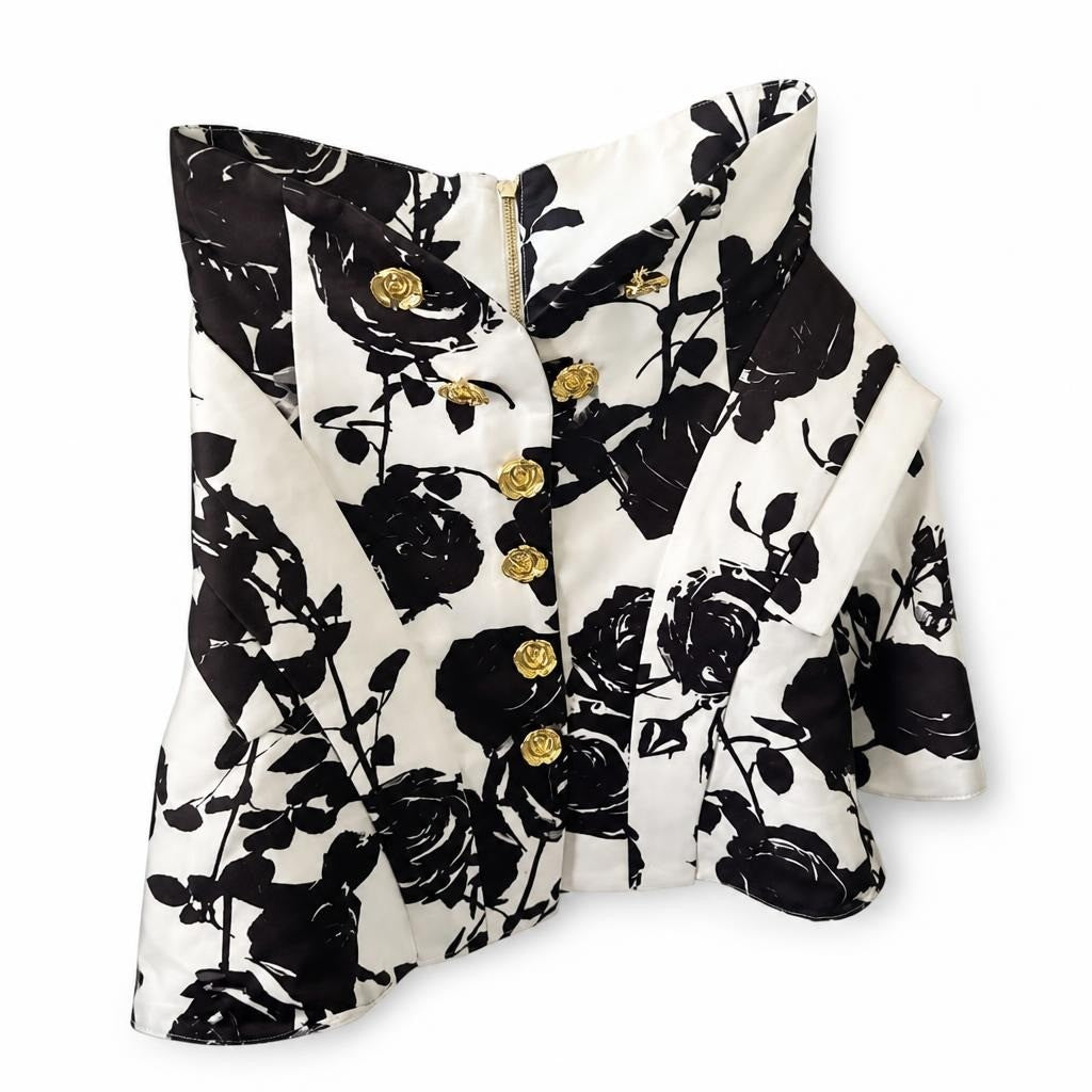 Black and White Rose Print Skirt Gold Buttons - pre-loved at Why Go Less, Lebanon