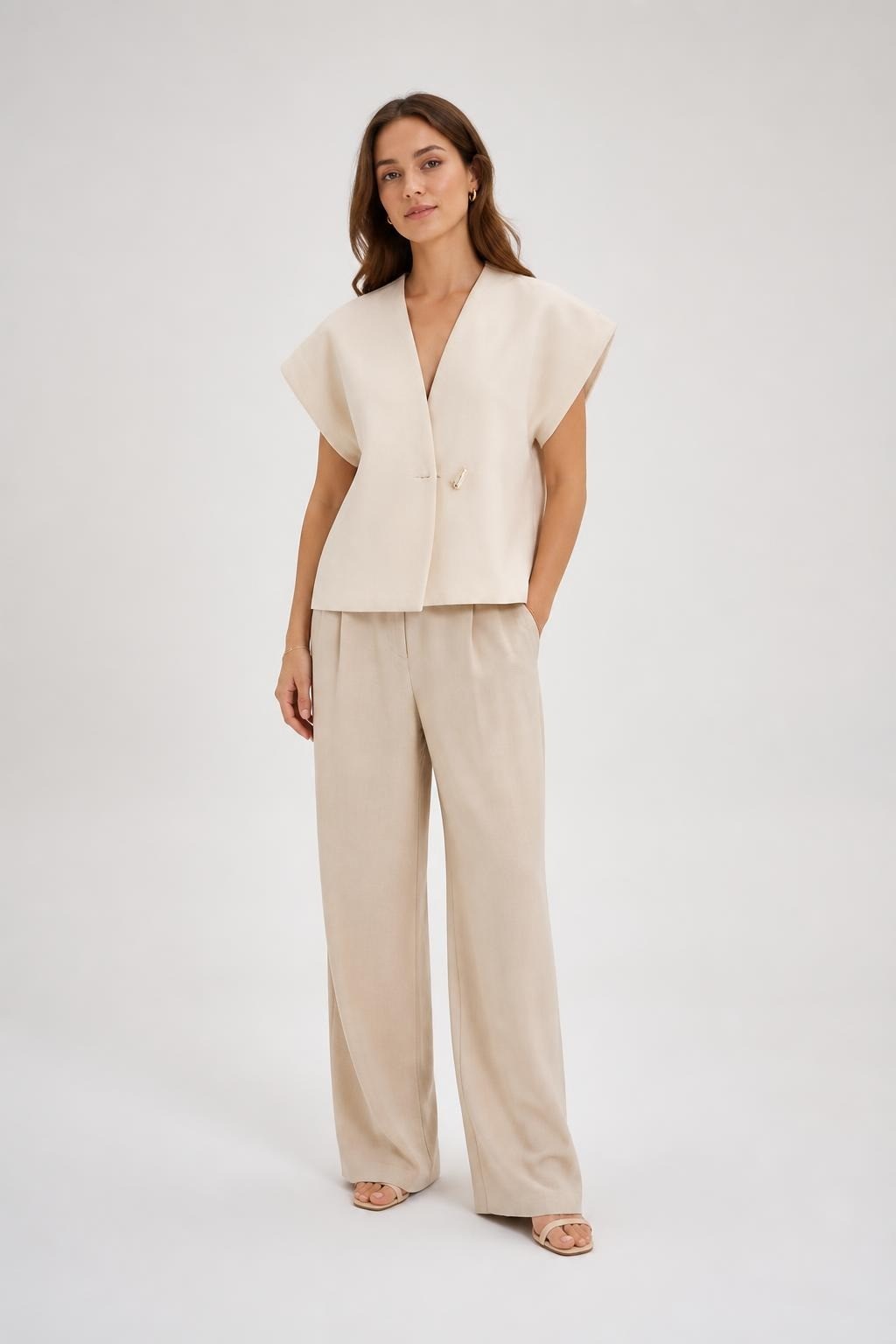 Cream Short-sleeve Open-front Blazer Jacket - pre-loved at Why Go Less, Lebanon