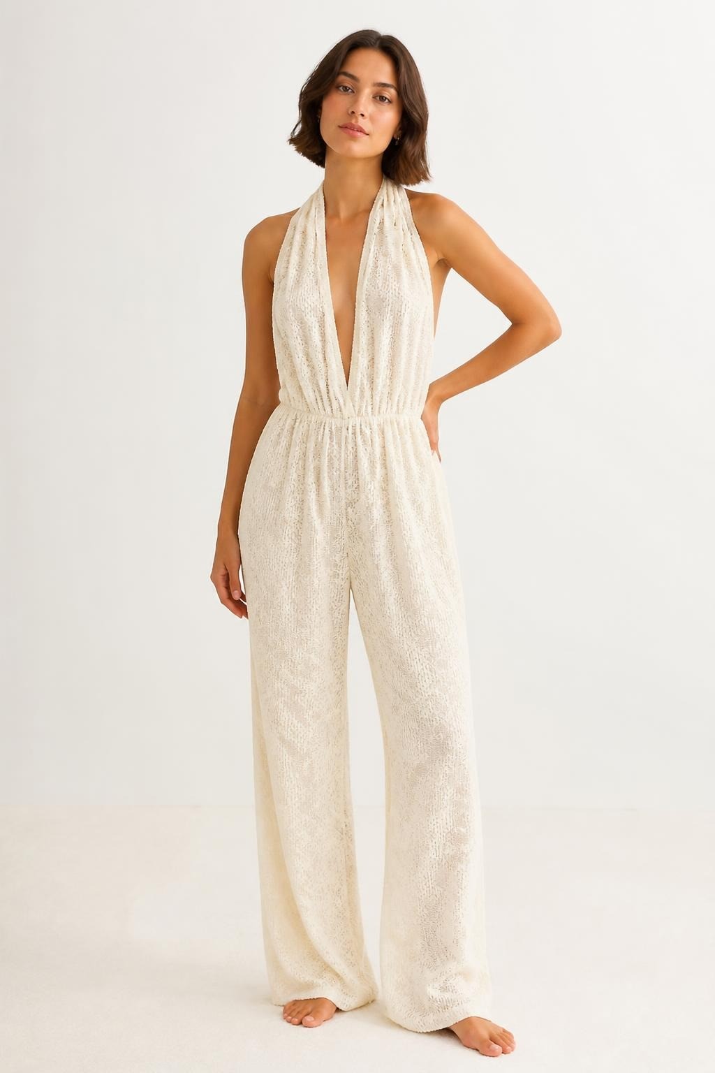 Cream Ivory Halter Lace Jumpsuite - pre-loved at Why Go Less, Lebanon