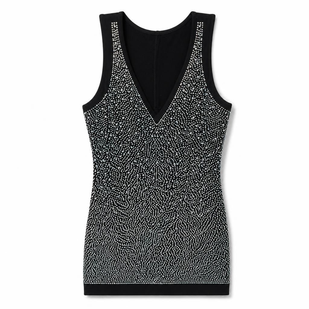 Black Iridescent Rhinestone Embellished Mini Dress - pre-loved at Why Go Less, Lebanon