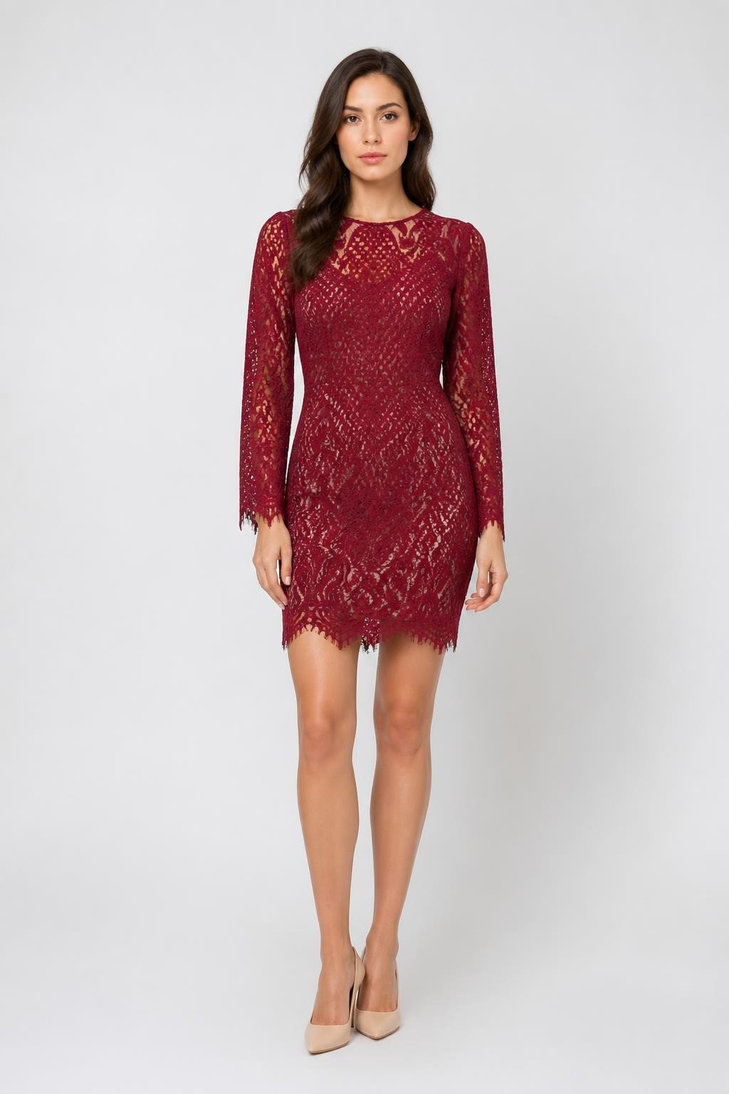 Red Lace Long Sleeve Mini Dress - pre-loved at Why Go Less, Lebanon