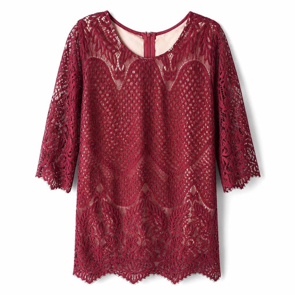 Red Lace Long Sleeve Mini Dress - pre-loved at Why Go Less, Lebanon
