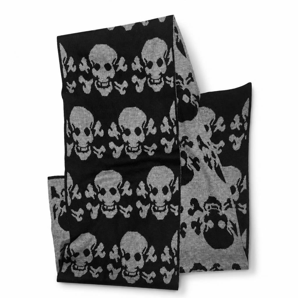 Skull and Crossbones Knit Scarf Black Grey - pre-loved at Why Go Less, Lebanon
