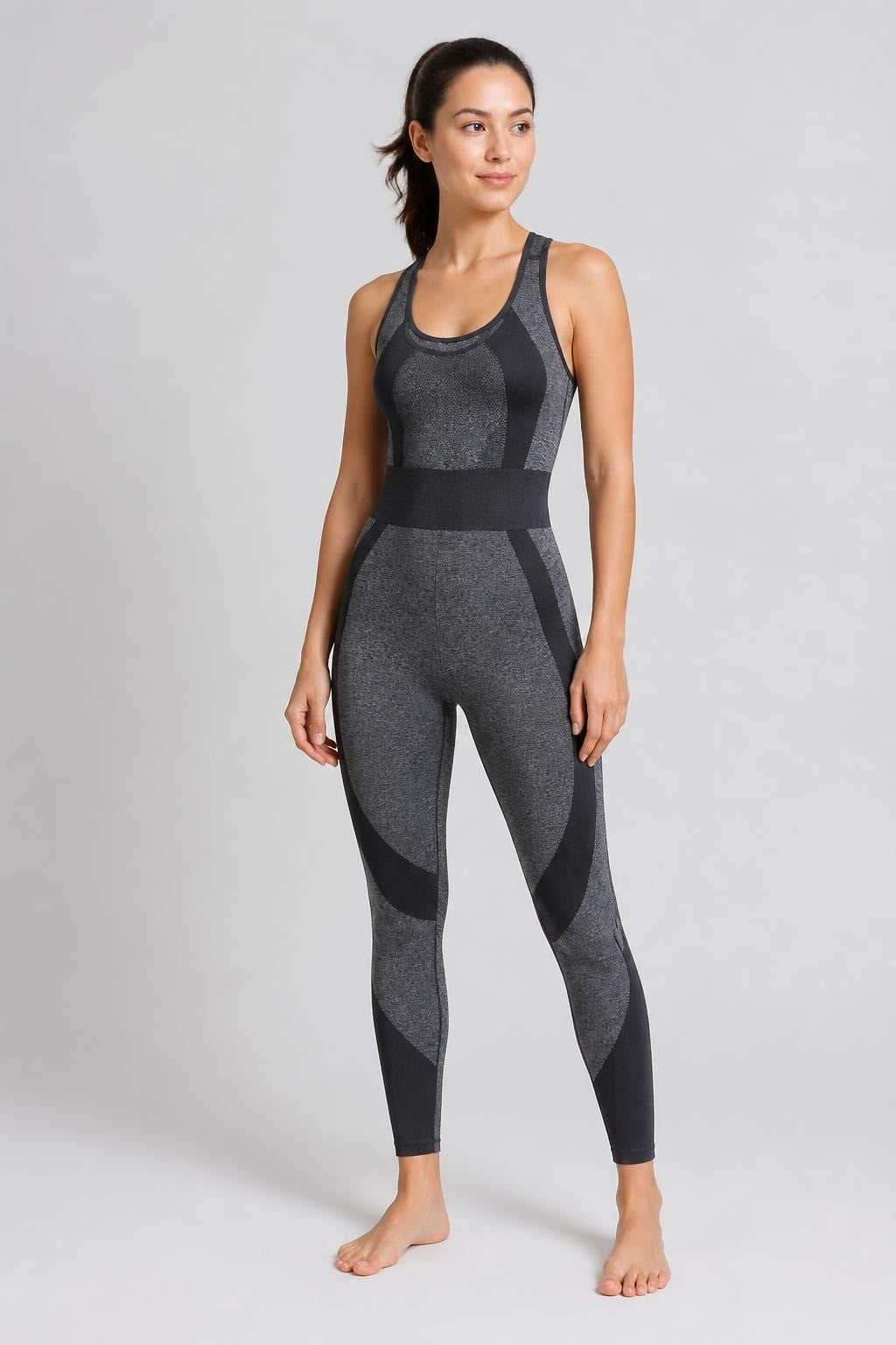 Gray Racerback Athletic Bodysuit/jumpsuit - pre-loved at Why Go Less, Lebanon