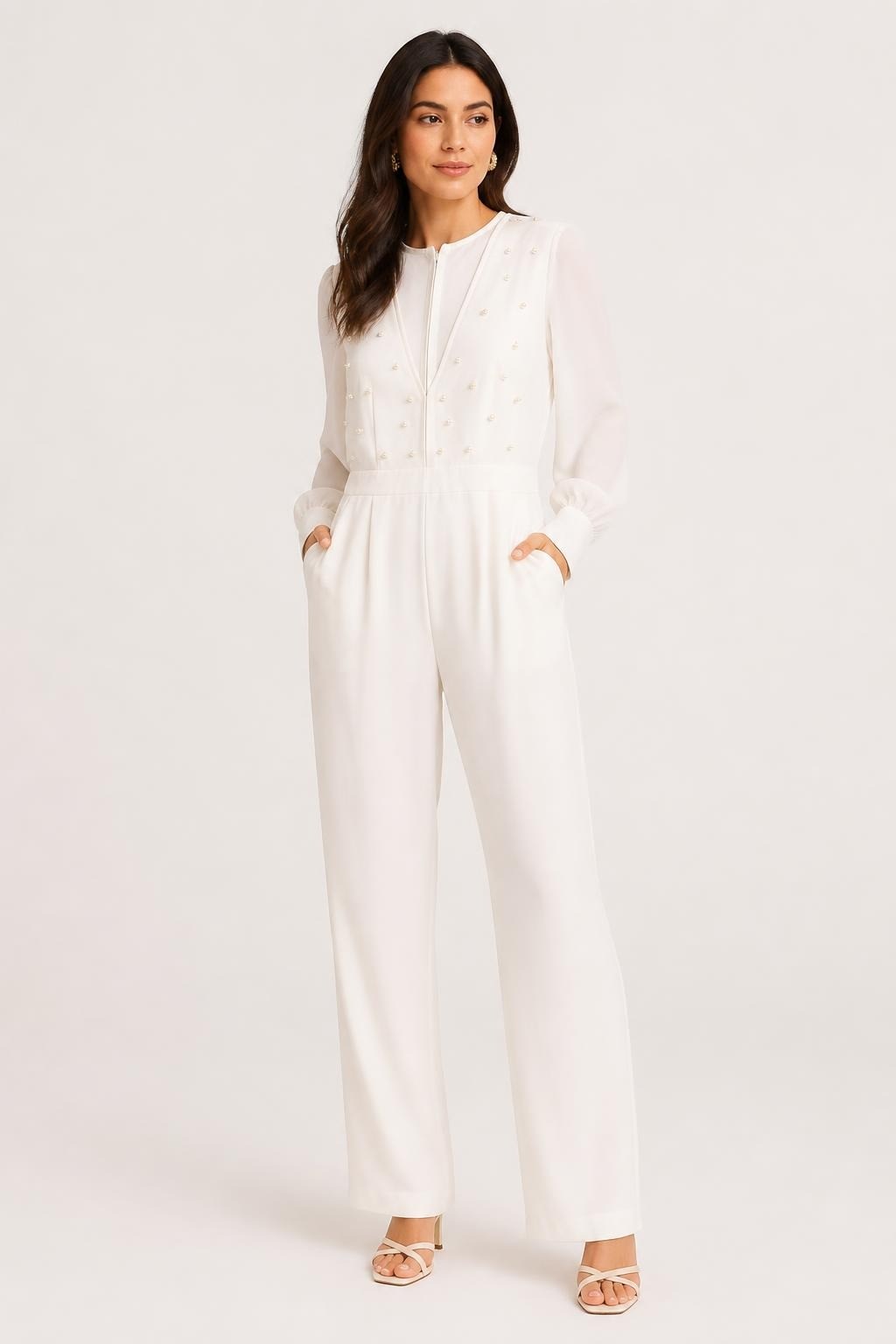 White Pearl-embellished V-neck Long Sleeve Mini Ress - pre-loved at Why Go Less, Lebanon