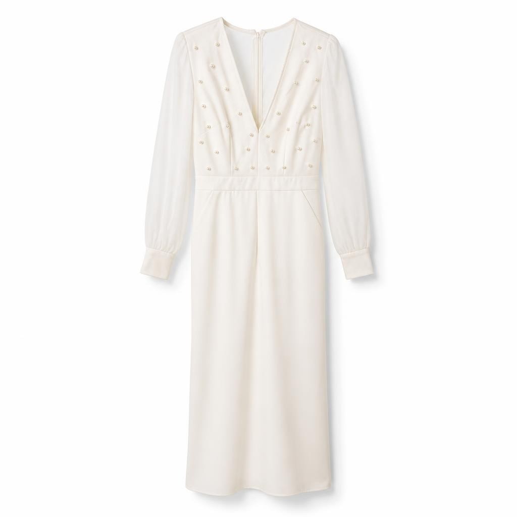 White Pearl-embellished V-neck Long Sleeve Mini Ress - pre-loved at Why Go Less, Lebanon
