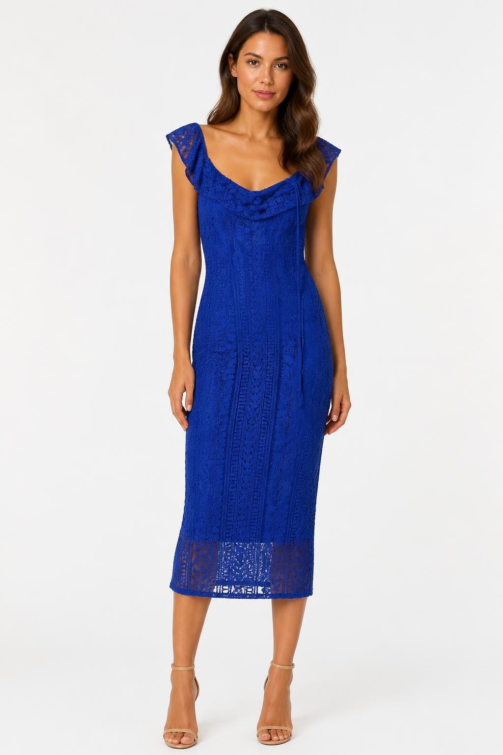 Royal Blue Lace Long-sleeve Midi Dress - pre-loved at Why Go Less, Lebanon