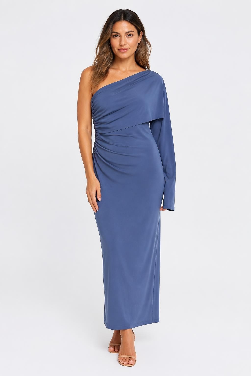 Slate Blue One-shoulder Ruched Long Dress - pre-loved at Why Go Less, Lebanon