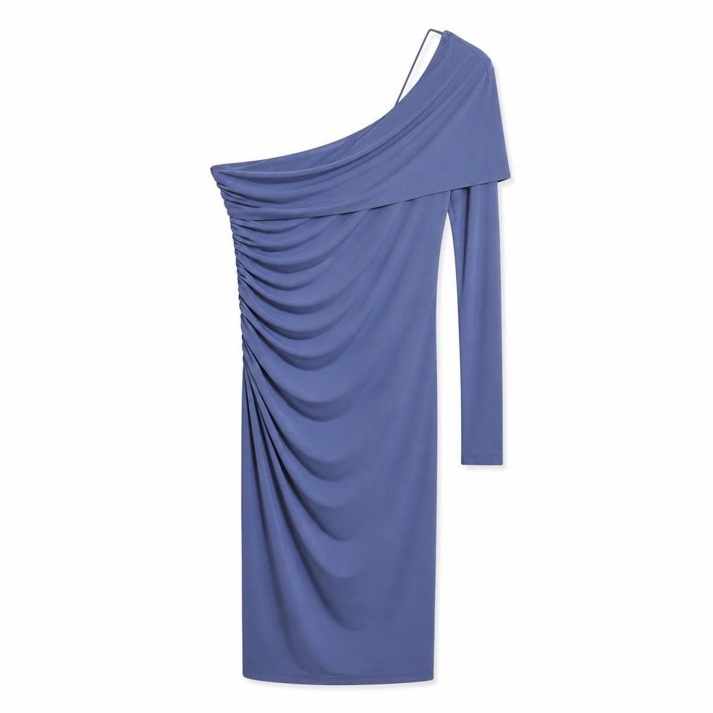 Slate Blue One-shoulder Ruched Long Dress - pre-loved at Why Go Less, Lebanon