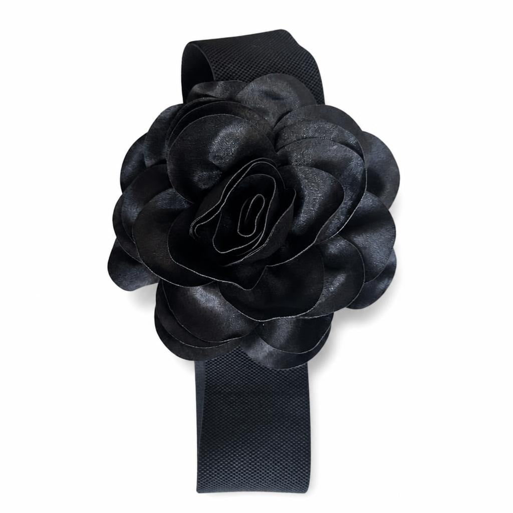 Black Elastic Wide Belt Large Rose Detail - pre-loved at Why Go Less, Lebanon