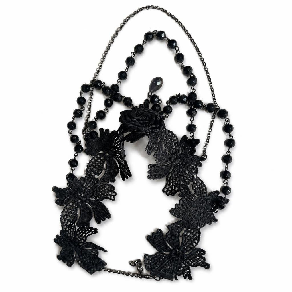 Black Lace Floral Bead Gothic Statement Necklace - pre-loved at Why Go Less, Lebanon