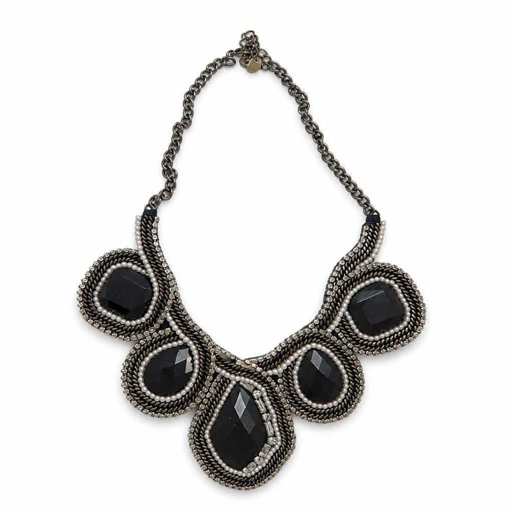 Black Gemstone Crystal Bead Bib Statement Necklace - pre-loved at Why Go Less, Lebanon