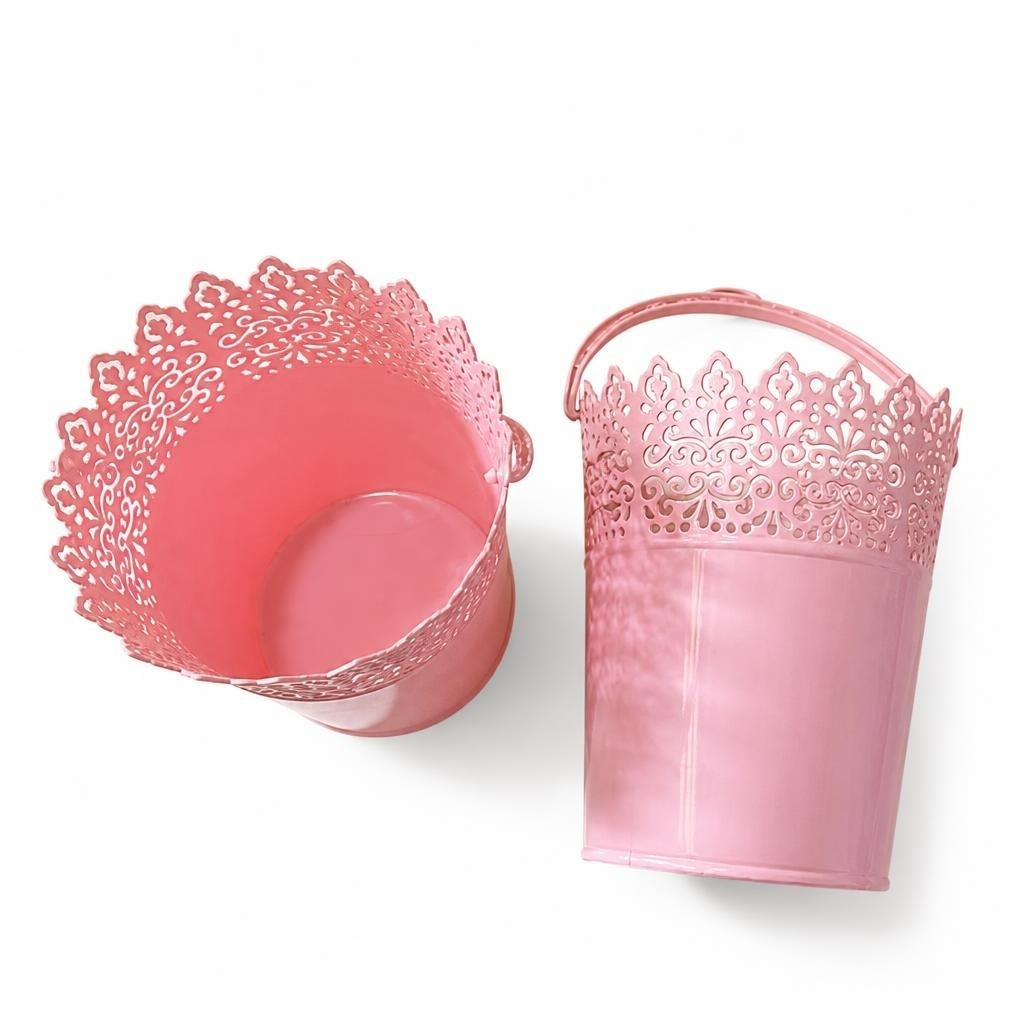 Pink Metal Lace Cut-out Decorative Buckets Set of 2 - pre-loved at Why Go Less, Lebanon