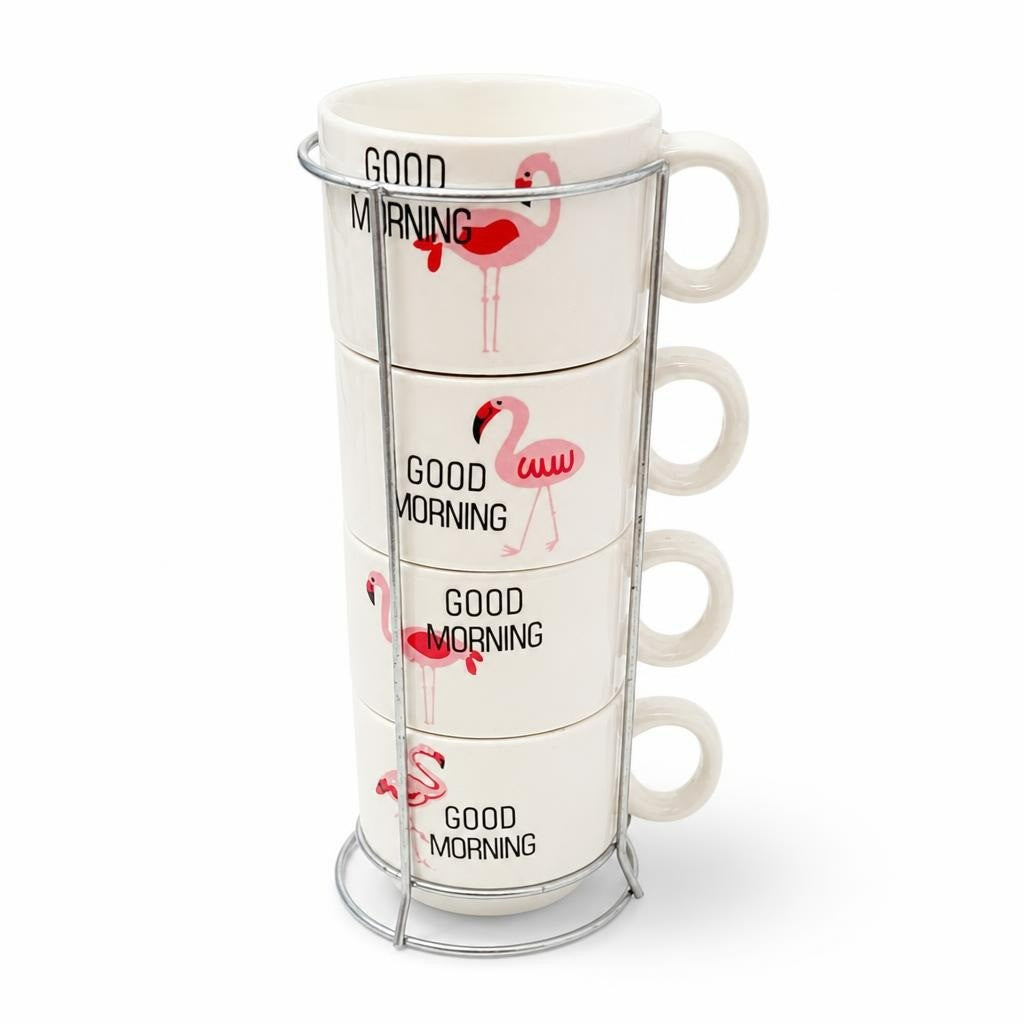 Flamingo 'good Morning' Stacking Mugs Set of 4 - pre-loved at Why Go Less, Lebanon