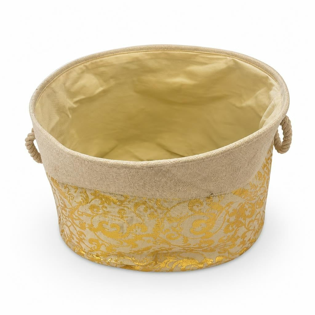 Gold Baroque Print Fabric Storage Basket with Handles - pre-loved at Why Go Less, Lebanon