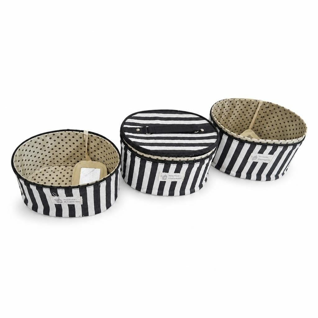 Handmade Black & White Striped Round Cosmetic Cases Set - pre-loved at Why Go Less, Lebanon