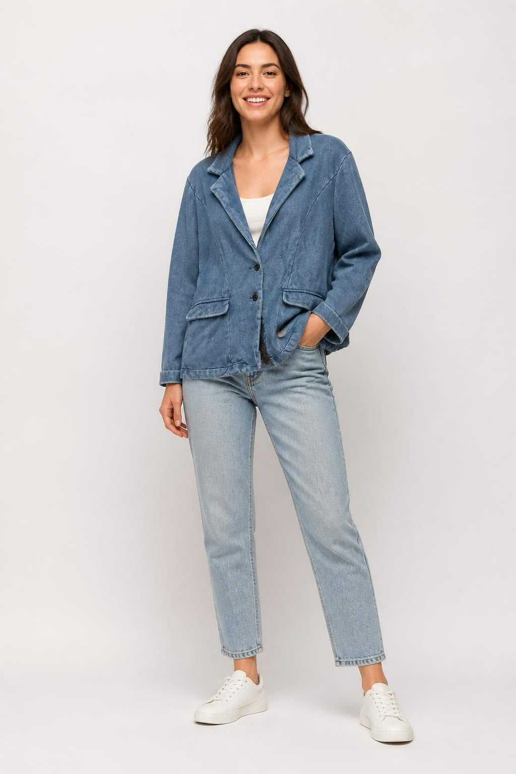 Oui Blue Denim Blazer Jacket - pre-loved at Why Go Less, Lebanon