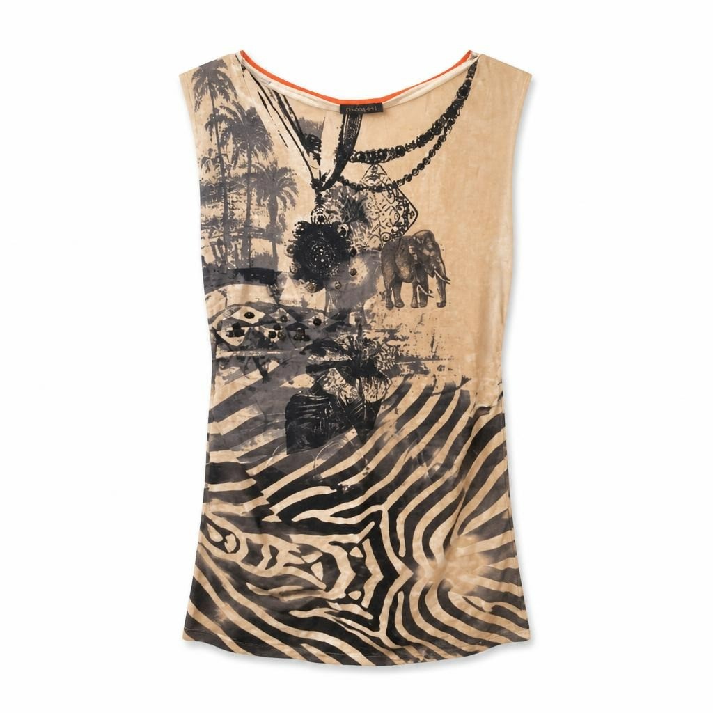 Animal Print Embellished Tank Top, Beige/black, 48 - pre-loved at Why Go Less, Lebanon