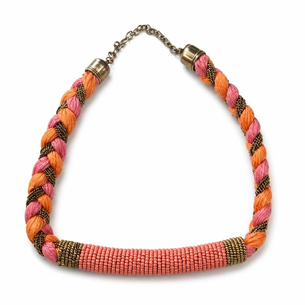 Braided Thread & Bead Collar Necklace, Coral/orange - pre-loved at Why Go Less, Lebanon