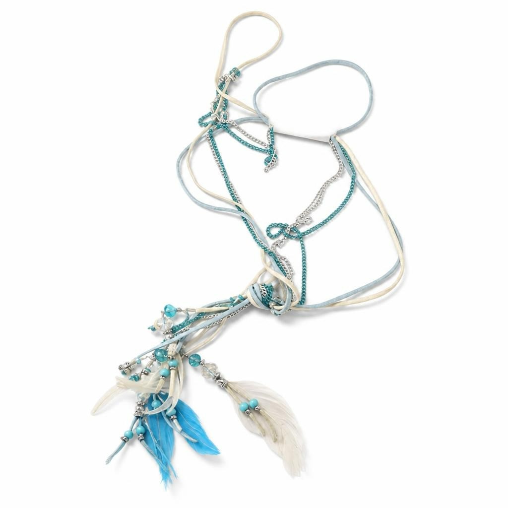 Boho Feather & Bead Long Necklace, Blue - pre-loved at Why Go Less, Lebanon