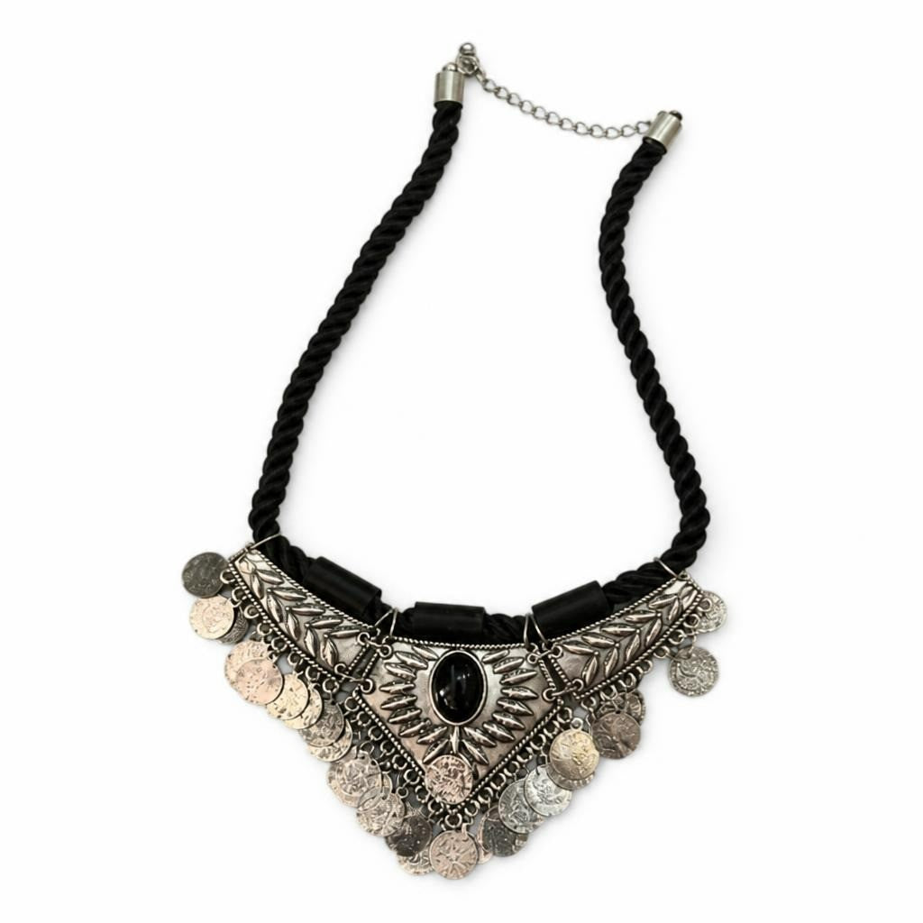 Boho Coin Charm Statement Necklace, Black & Silver - pre-loved at Why Go Less, Lebanon