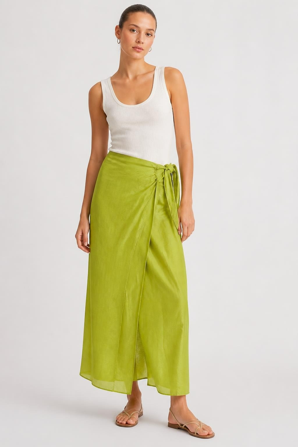 Lime Green Satin Wrap Midi Skirt - pre-loved at Why Go Less, Lebanon