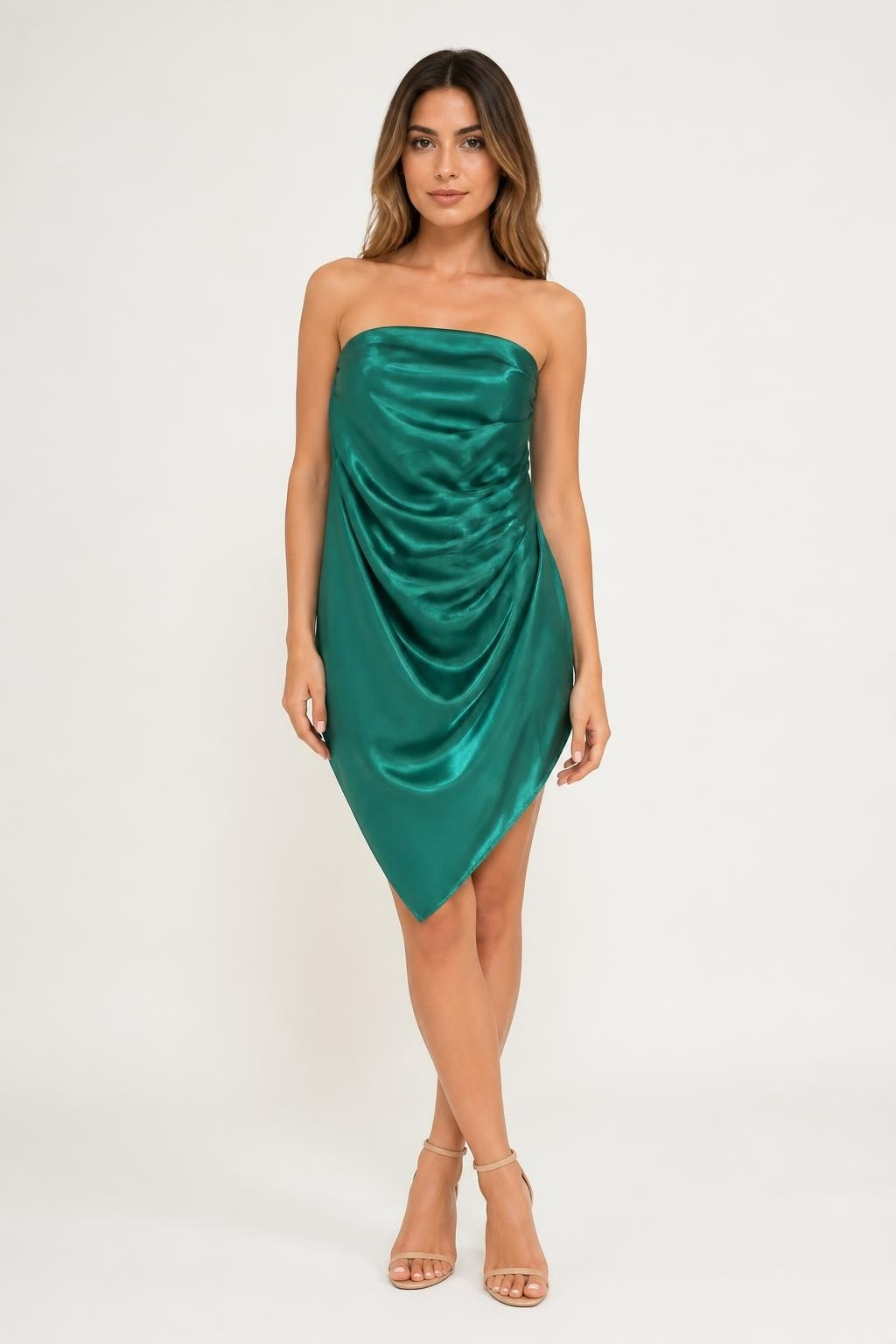 Emerald Satin Draped Strapless Piece - pre-loved at Why Go Less, Lebanon