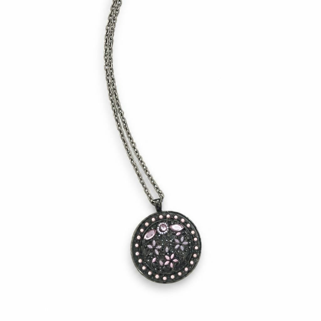 Antique Bronze Round Pink Floral Pendant Necklace - pre-loved at Why Go Less, Lebanon