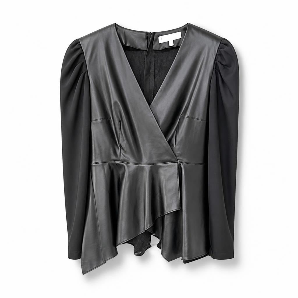 Black Faux Leather Wrap Peplum Top - pre-loved at Why Go Less, Lebanon