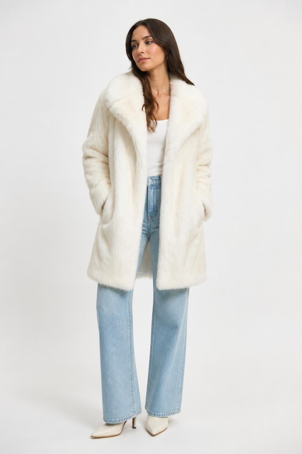 White Faux Fur Oversized Vest Coat - pre-loved at Why Go Less, Lebanon