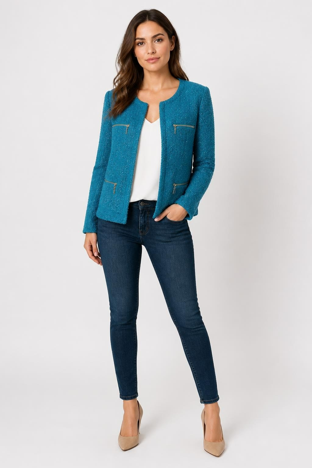 Teal Tweed Blazer Silver Zip Pockets - pre-loved at Why Go Less, Lebanon