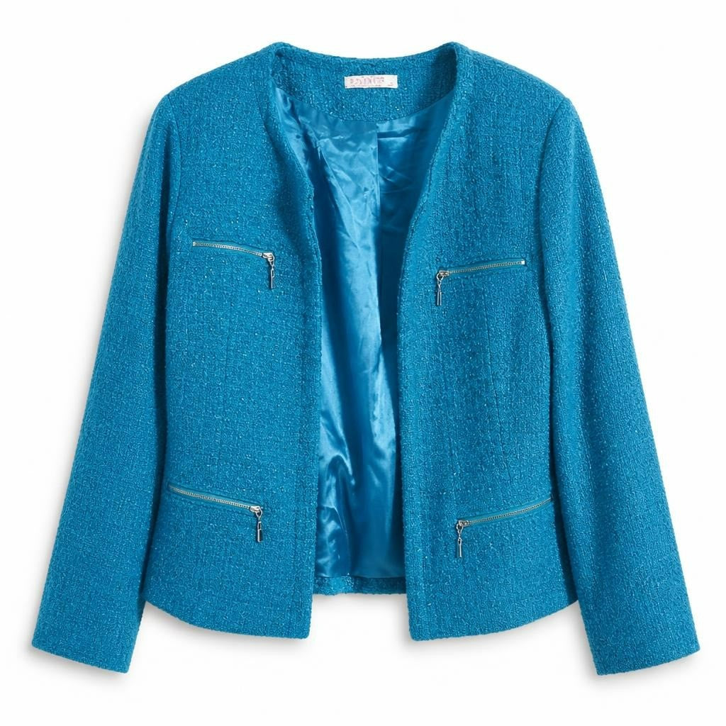 Teal Tweed Blazer Silver Zip Pockets - pre-loved at Why Go Less, Lebanon