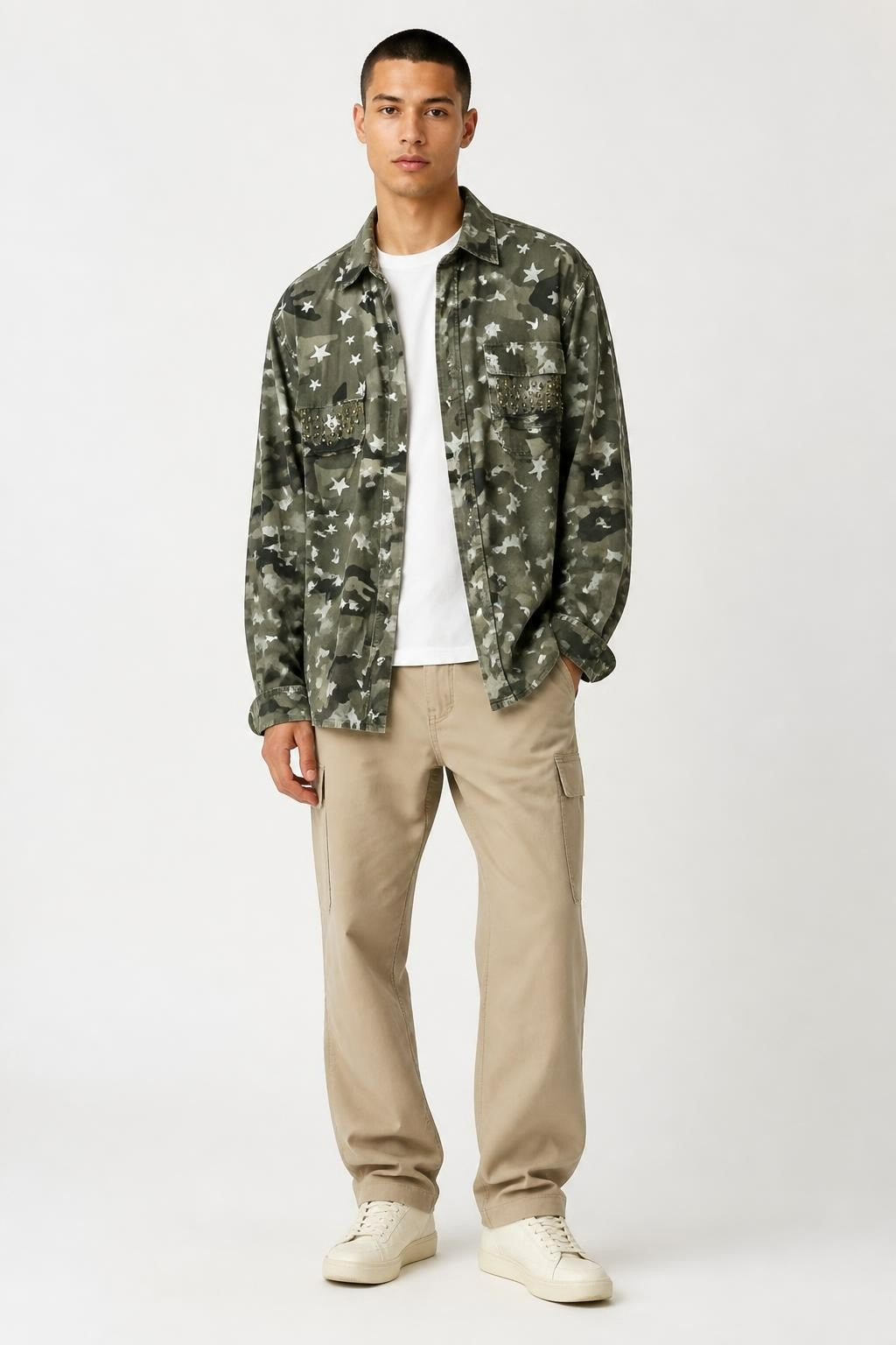 Camo Star Print Utility Overshirt Jacket - pre-loved at Why Go Less, Lebanon