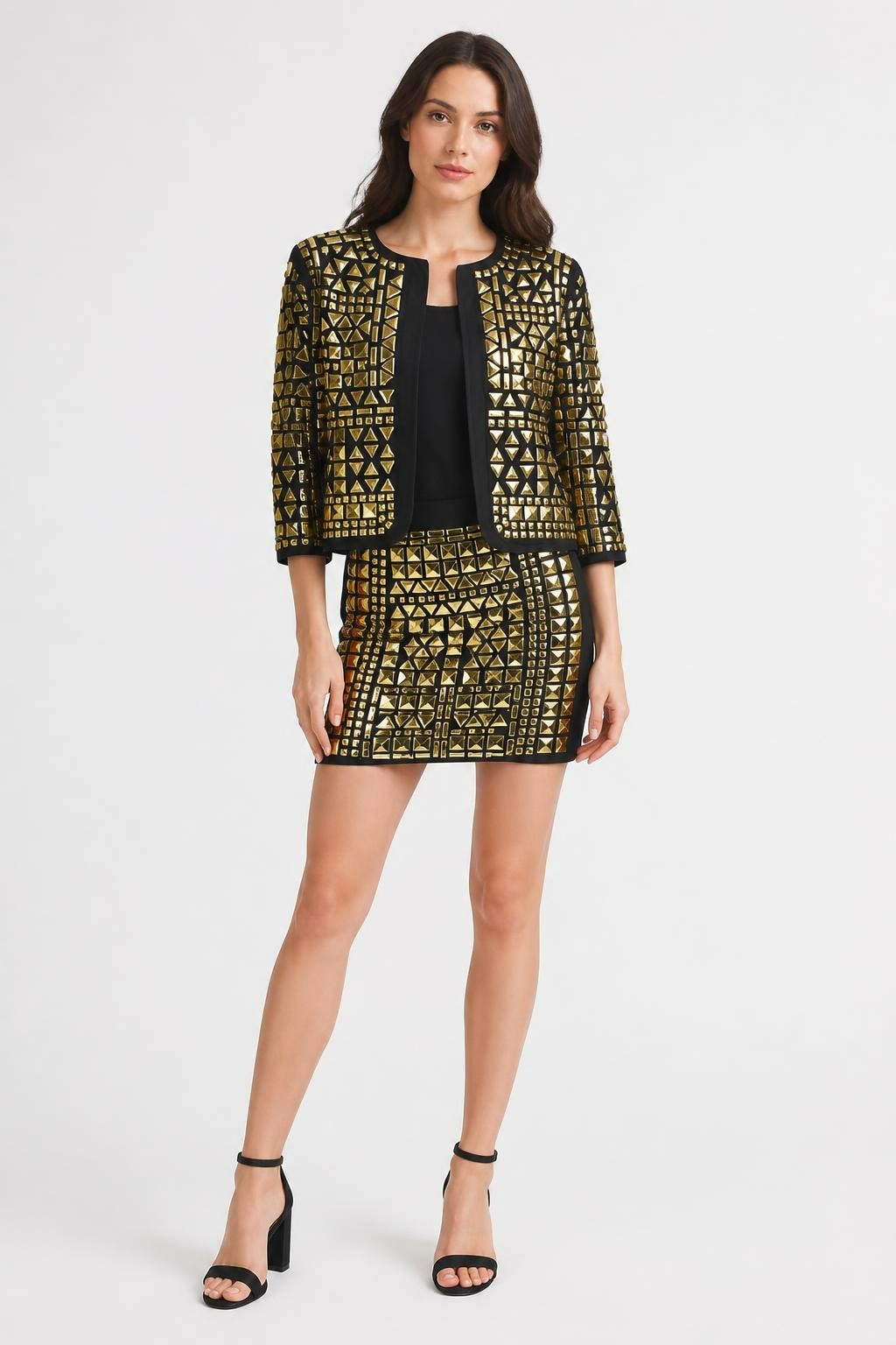 Gold Studded Black Jacket & Skirt Set - pre-loved at Why Go Less, Lebanon