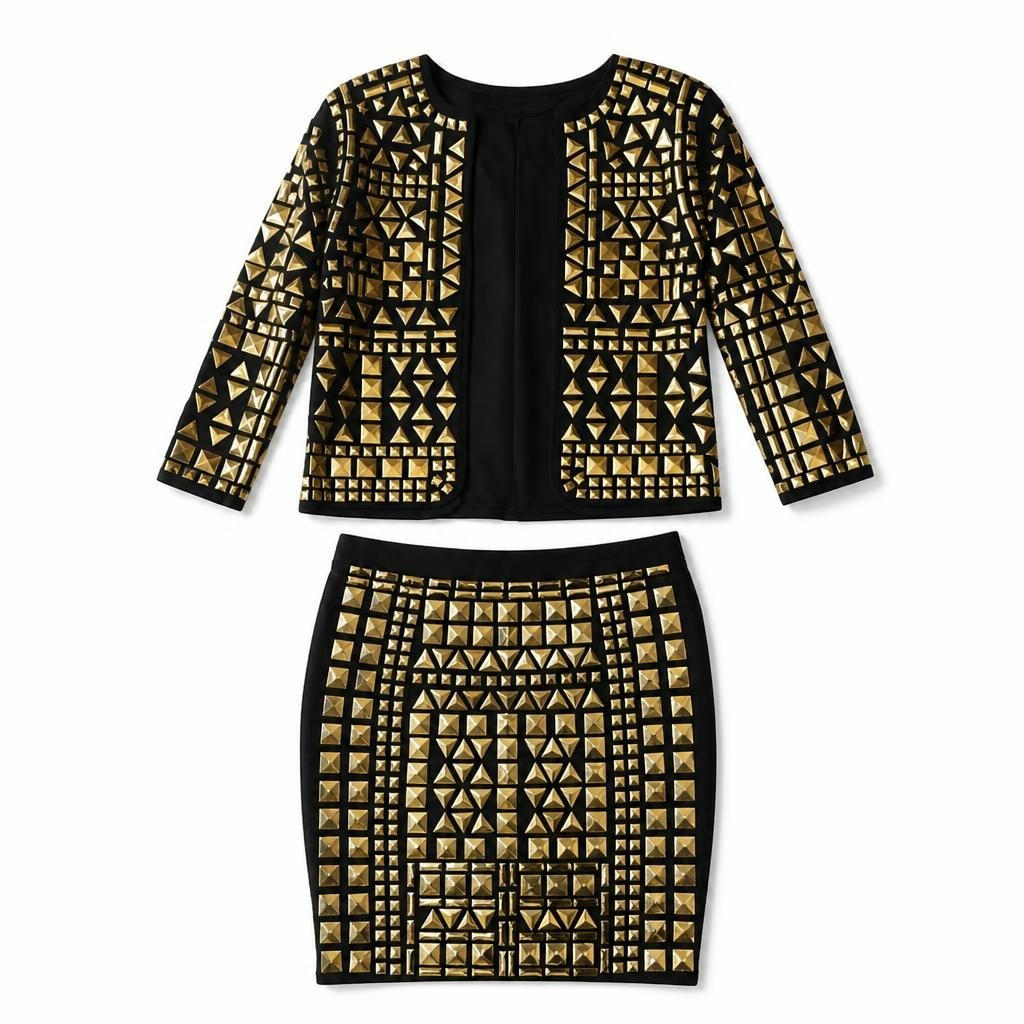 Gold Studded Black Jacket & Skirt Set - pre-loved at Why Go Less, Lebanon