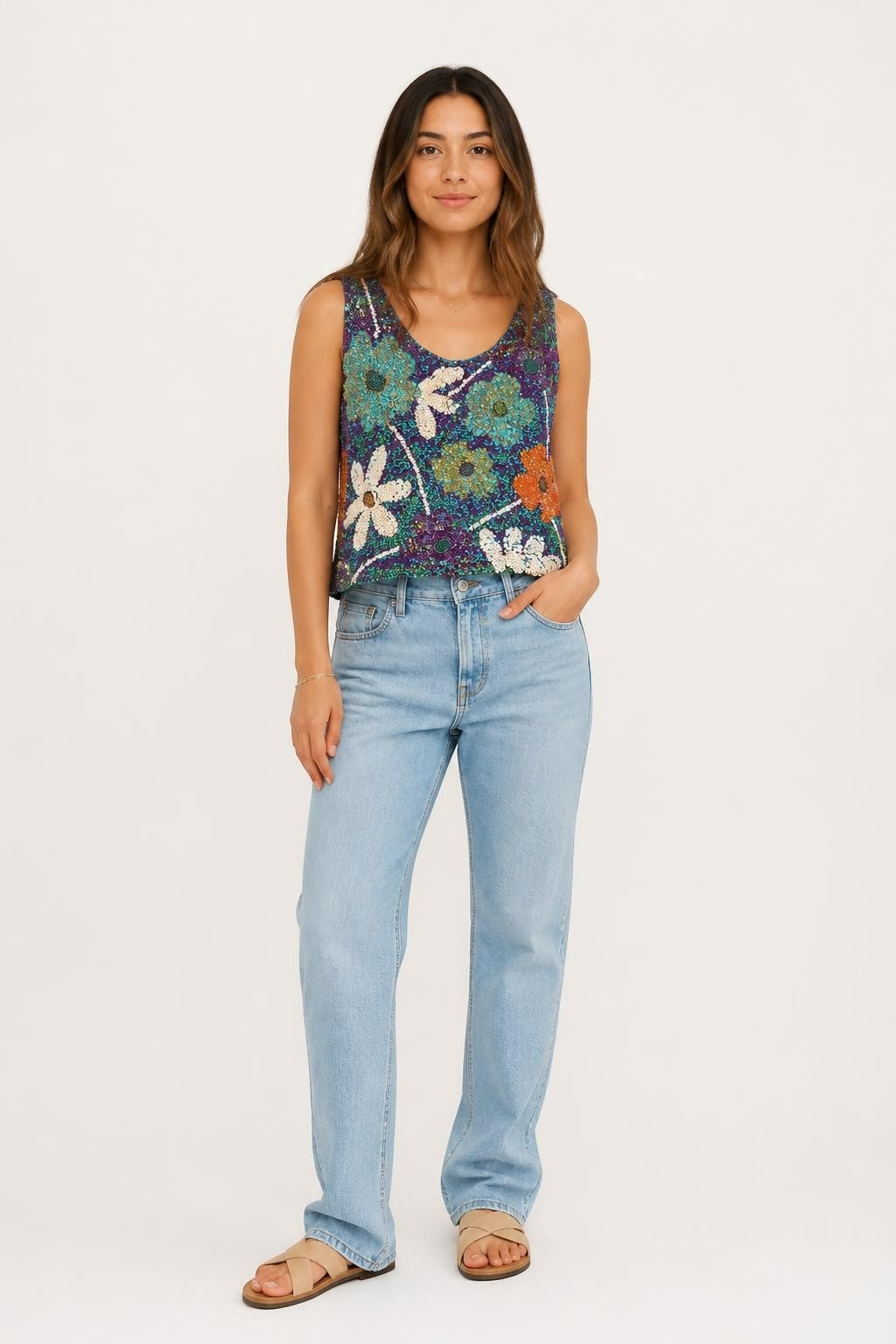 Floral Sequin Beaded Crop Cami Top - pre-loved at Why Go Less, Lebanon